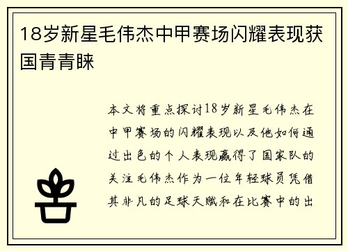 18岁新星毛伟杰中甲赛场闪耀表现获国青青睐 18岁新星毛伟杰中甲赛场闪耀表现获国青青睐